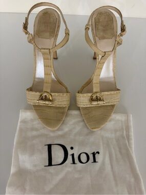 Dior Cream Croc-Embossed T-Strap Heels with Gold Buckle